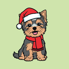 Cute yorkshire terrier dog wearing a santa hat and scarf
