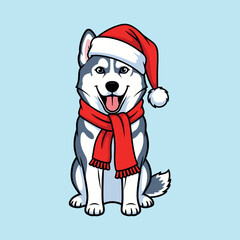 Happy husky dog wearing a santa hat and red scarf