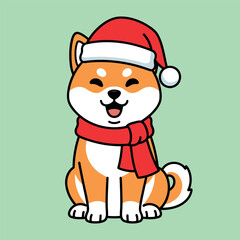 Cute shiba inu dog wearing santa hat and red scarf