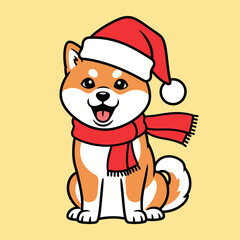 Adorable shiba inu dog wearing santa hat and scarf