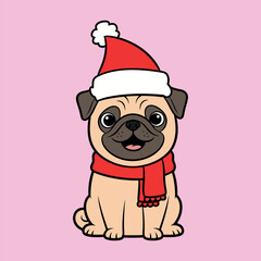 Cute pug wearing a santa hat and scarf for christmas