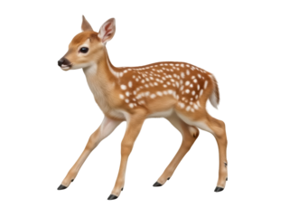 Isolated adorable fawn with white spots walking attentively, facing sideways, animal baby