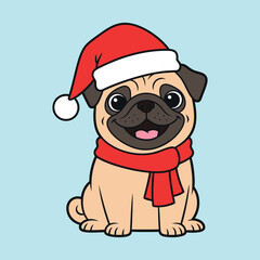 Cute pug dog wearing santa hat and scarf for christmas