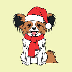 Cute papillon dog wearing a santa hat and red scarf