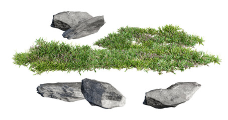 scenic photograph featuring a combination of grey rocks and green moss against a stark transparent background, highlighting the textures, colors, and natural contrast.