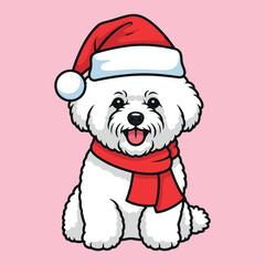 Cute bichon frise dog wearing a santa hat and red scarf