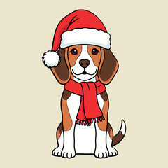 Cute beagle dog wearing a santa hat and red scarf