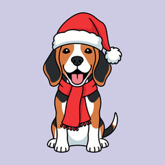Adorable beagle dog wearing a santa hat and red scarf