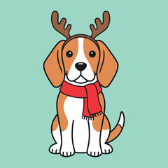 Cute beagle dog wearing reindeer antlers and red scarf