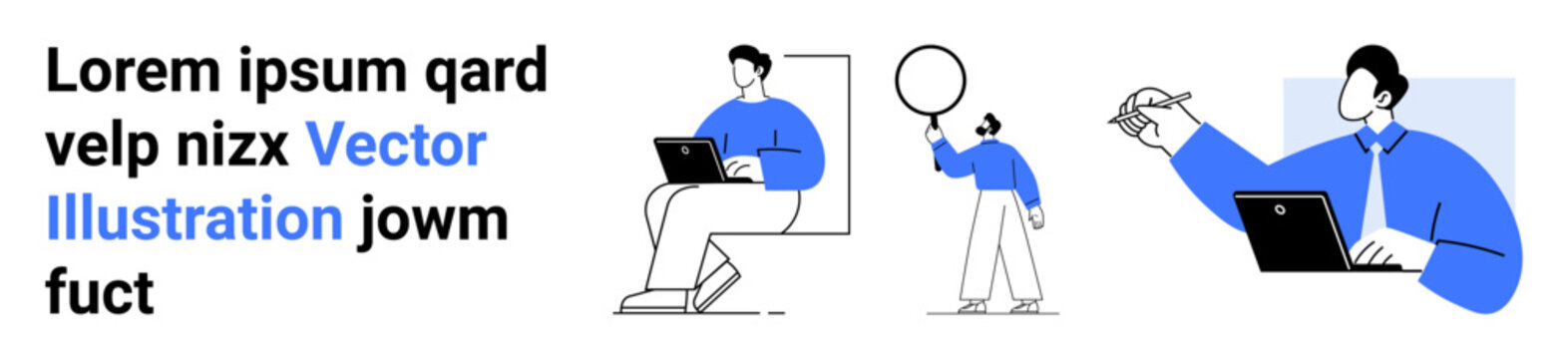 Group of diverse characters using laptops, drawing, and holding objects. Ideal for technology, teamwork, education, communication, brainstorming, creativity and simple landing page