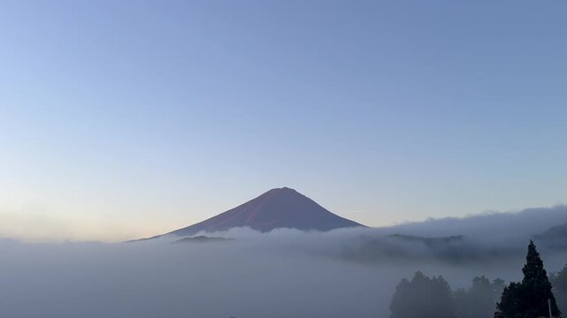Snowless Mount Fuji emerges in warm dawn light from a still fog filled valley, as the fixed camera captures calm mist layers moving slowly beneath the clear sky of a quiet morning