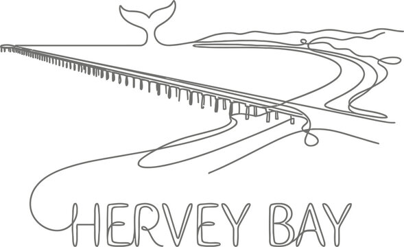 Hervey Bay whale tail and jetty continuous line vector illustration
