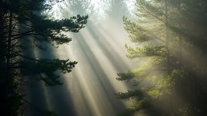 Obraz premium Mesmerizing sun rays piercing through the tranquil forest canopy, illuminating the mystical mist and creating a serene, ethereal atmosphere amidst the towering pine trees