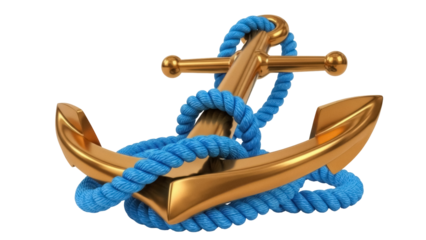 Isolated Gold Anchor with Blue Rope for Marine, Nautical, Sea, Maritime, & Sailing Themes