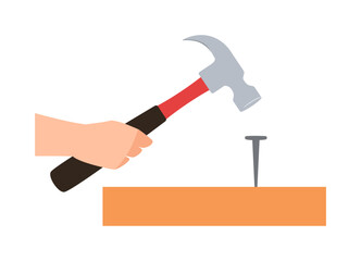 Hand Holding Hammer Preparing to Strike Nail into Wooden Plank Simple Flat Style Graphic Illustration