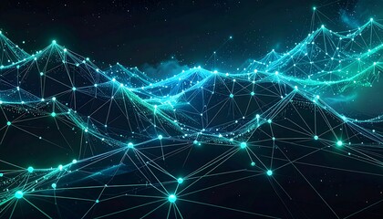 Luminous digital landscape featuring connected dots and lines, resembling data networks or digital terrain
