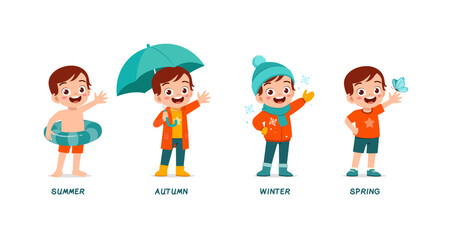 Happy children enjoying summer autumn winter and spring seasons with cheerful playful expressions