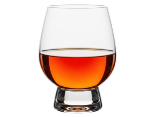 Isolated glass full of amber liquor, spirits or strong cocktail drink against a neutral backdrop