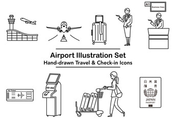 空港での旅行とチェックインの流れを線画で分かりやすく表現したイラストセット｜飛行機やスーツケースやパスポートや案内スタッフなど空港利用の要素をモノクロで描いた旅行イメージ