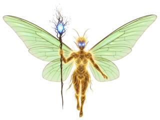 Isolated Fairy Queen with Butterfly Wings Holding an Orb Staff Ready for Adventure Tale