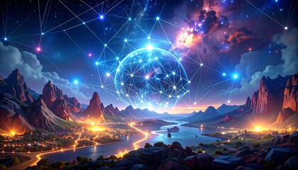 Luminous globe connected by lines, rests above mountain valley with city lights, under vibrant nebula sky