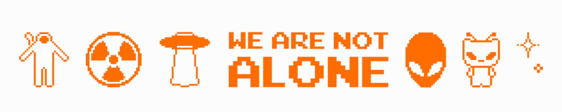 Bright orange pixel art icons with retro sci-fi symbols and text &ldquo;We Are Not Alone&rdquo;. Alien icons, UFO, radiation sign on white background with deep contrast, minimal futuristic poster.
