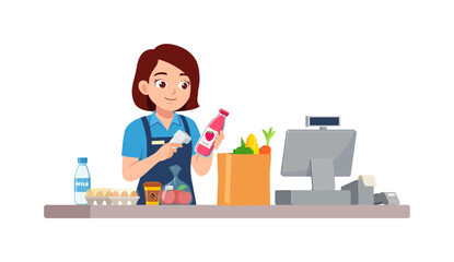 Friendly Asian woman cashier happily scanning a strawberry juice bottle at a grocery store checkout