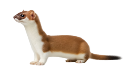 Isolated Stoat in summer coat posing in profile, Mustela erminea, wild carnivorous mammal