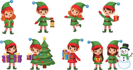 Cute Christmas elf characters illustration set, festive holiday cartoon elves, winter celebration design, gift holding elves, Santa helpers, children illustration, Xmas clipart collection