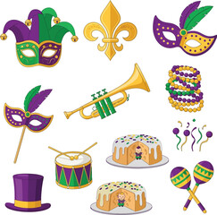 Mardi Gras Icon Set with King Cake Jester Mask and Trumpet