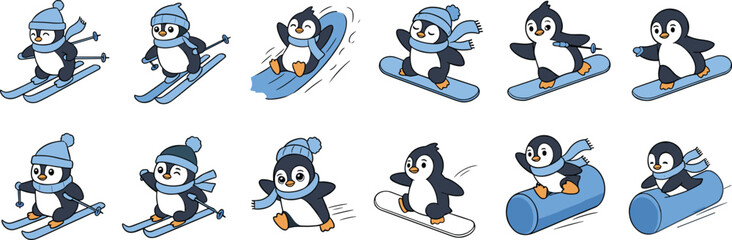 Cute penguin winter sports illustration set, skiing snowboarding sledding characters, playful cartoon animals, blue monochrome design, kids holiday clipart, cold season adventure collection