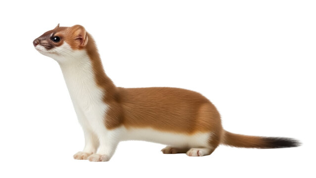 Isolated Stoat in summer coat posing in profile, Mustela erminea, wild carnivorous mammal