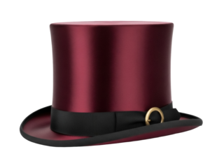 Isolated maroon silk top hat with black ribbon, ornate gold buckle and subtle shadow