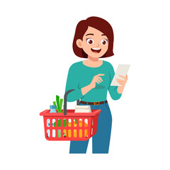 A happy young woman smiling while holding a shopping basket and checking a grocery list in an illustration