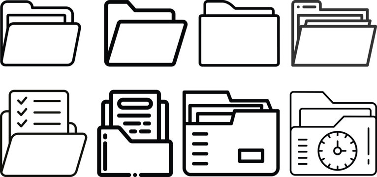 Document vector icon isolated vector graphic. Paper document page icon vector element. Agreement file symbol.Set of folders vector icons. Black linear open folder. Folder for storage document and file