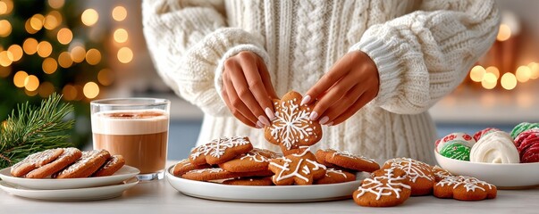 Cozy holiday scene with a hand decorating gingerbread cookies and a warm drink