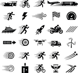 Fototapeta premium Speed and transportation icon set silhouette style with vehicle rocket motion symbols isolated on white background vector illustration