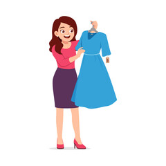 Asian Woman Happy While Shopping and Holding Blue Dress with Price Tag Showing Dollar Sign on Hanger