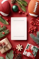 Obraz premium Blank white card on a red holiday background surrounded by Christmas ornaments, gifts, and footballs