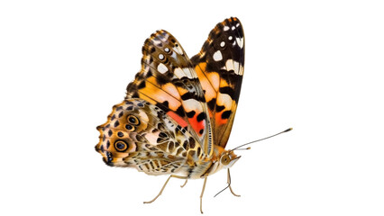 Isolated Painted Lady butterfly wings upright side view detailed bright colors on a neutral base © Maros