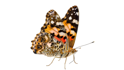 Isolated Painted Lady butterfly wings upright side view detailed bright colors on a neutral base