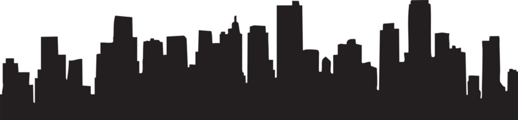 Black silhouette of a dense city skyline with varied building heights against a white background © Yasin