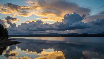Dramatic sunset sky with storm clouds reflecting in a calm lake. Scenic landscape with golden light over mountains and water at twilight