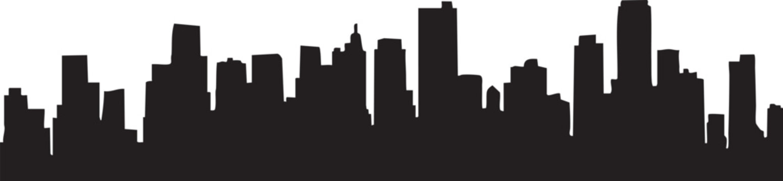 Black silhouette of a dense city skyline with varied building heights against a white background