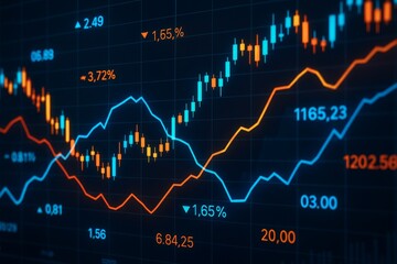Abstract digital financial chart with multiple glowing trend lines and candlestick patterns on dark grid background illustrating market data analytics concept. Ai generative