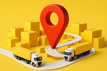 Logistics trucks on winding road with large red map pin among yellow buildings on yellow background, symbolizing delivery and location tracking concept. Ai generative