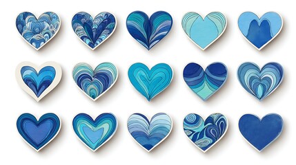 Blue heart shapes with white borders and swirling patterns hearts
