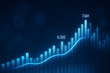 Glowing bar chart with blue gradient background showing increasing financial data and trend line in futuristic digital style. Ai generative