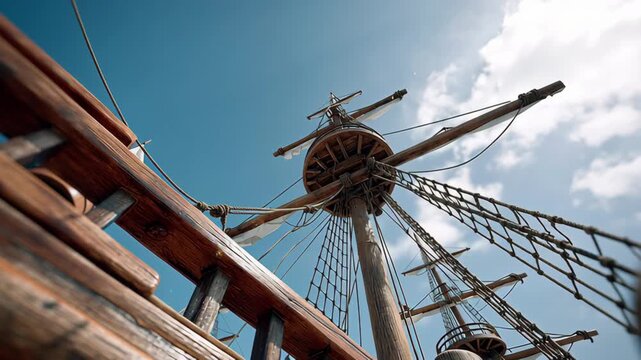 Majestic wooden ship mast captured from a low angle, showcasing intricate rigging and sails against a bright blue sky, with a smooth upward camera tilt emphasizing grandeur and craftsmanship