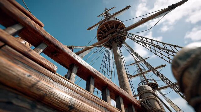 Majestic wooden ship sails against a bright blue sky, showcasing intricate rigging and weathered textures, as the camera smoothly zooms in on the towering mast and sails